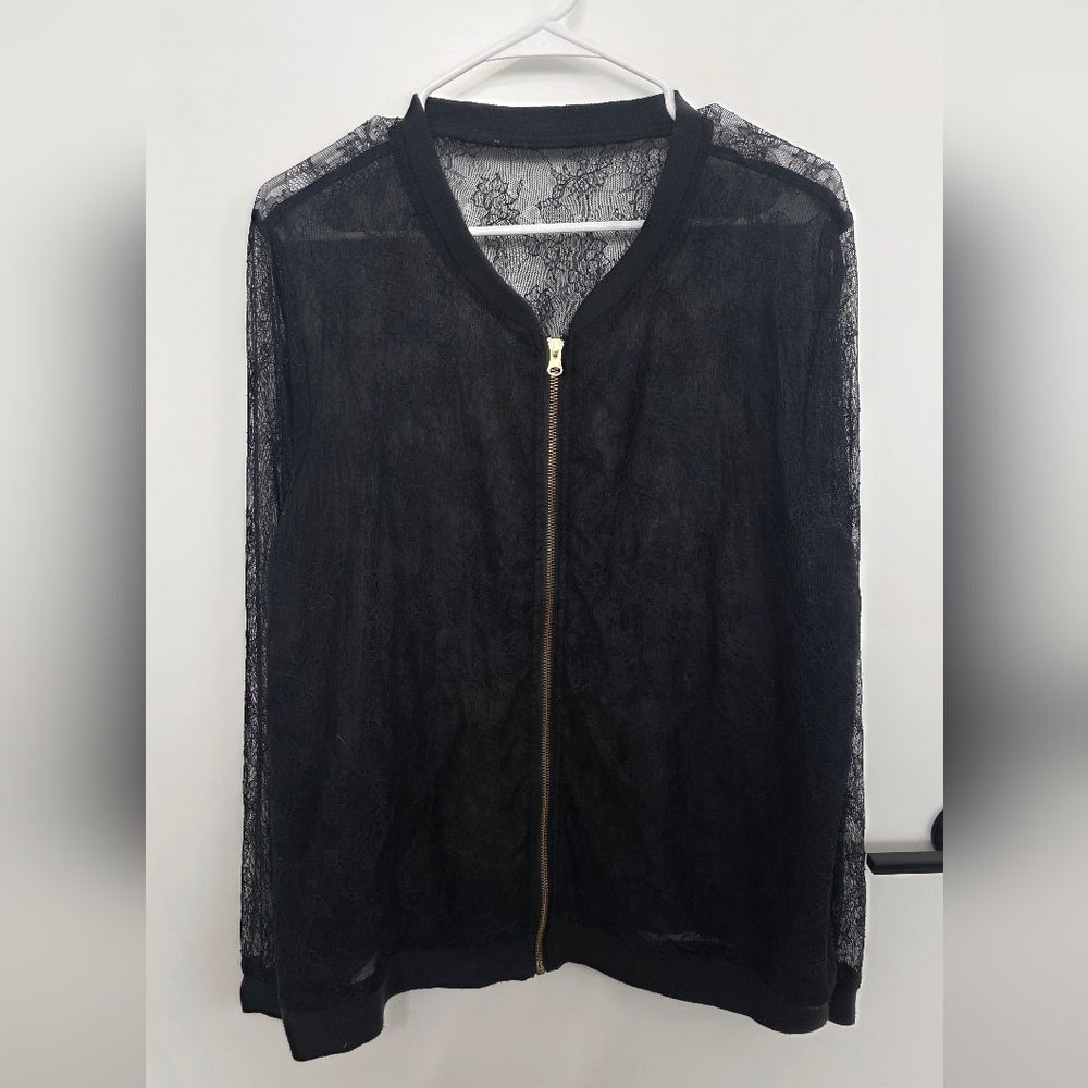 Black Lace Zip-Front Shell with Gold Zip